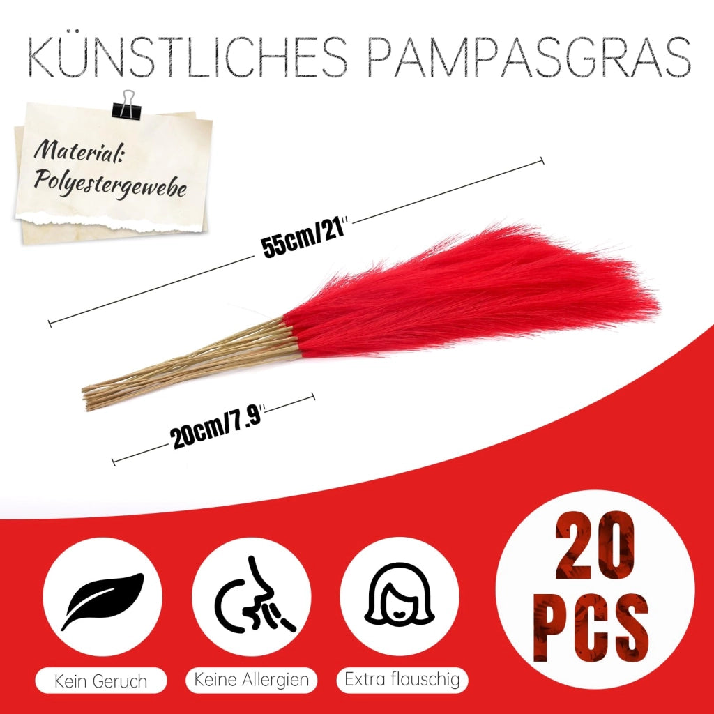 Erba di pampa artificiale, 55 cm di altezza, confezione da 20 pezzi, colore rosso, ideale per decorazioni