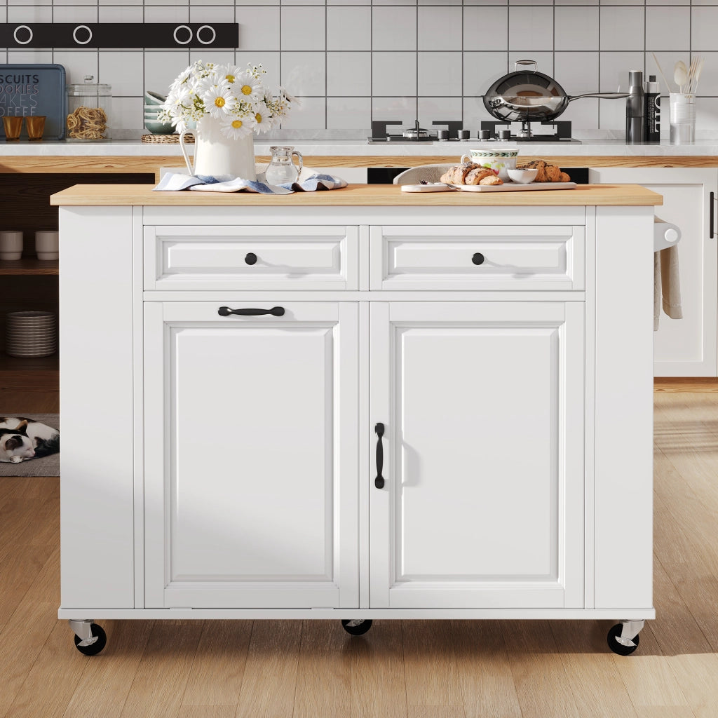 Isola da cucina con piano estensibile in MDF e PB bianco naturale con prese AC USB e USB C ruote bloccabili