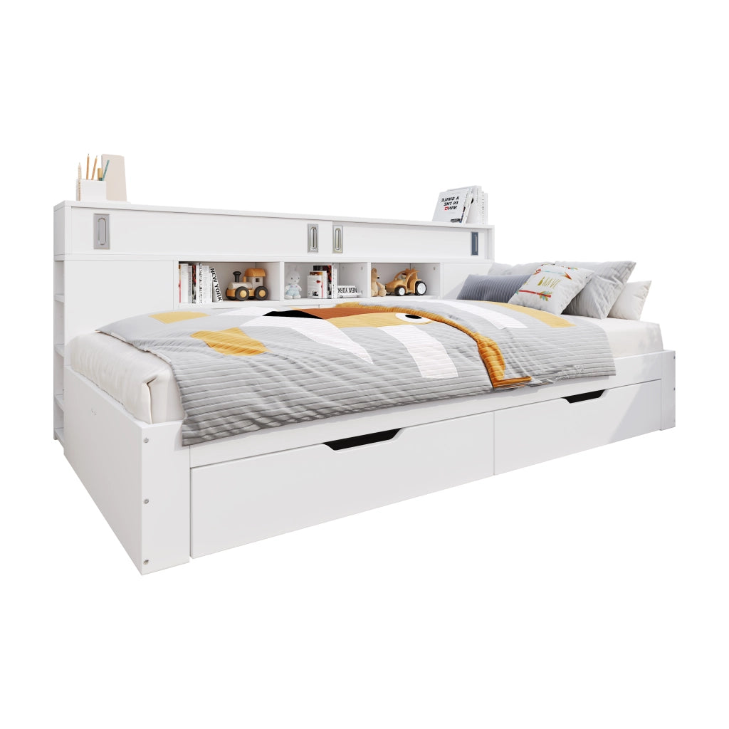 Letto singolo per bambini 90 × 200 cm con cassetti libreria e armadio in MDF bianco con rete a doghe inclusa