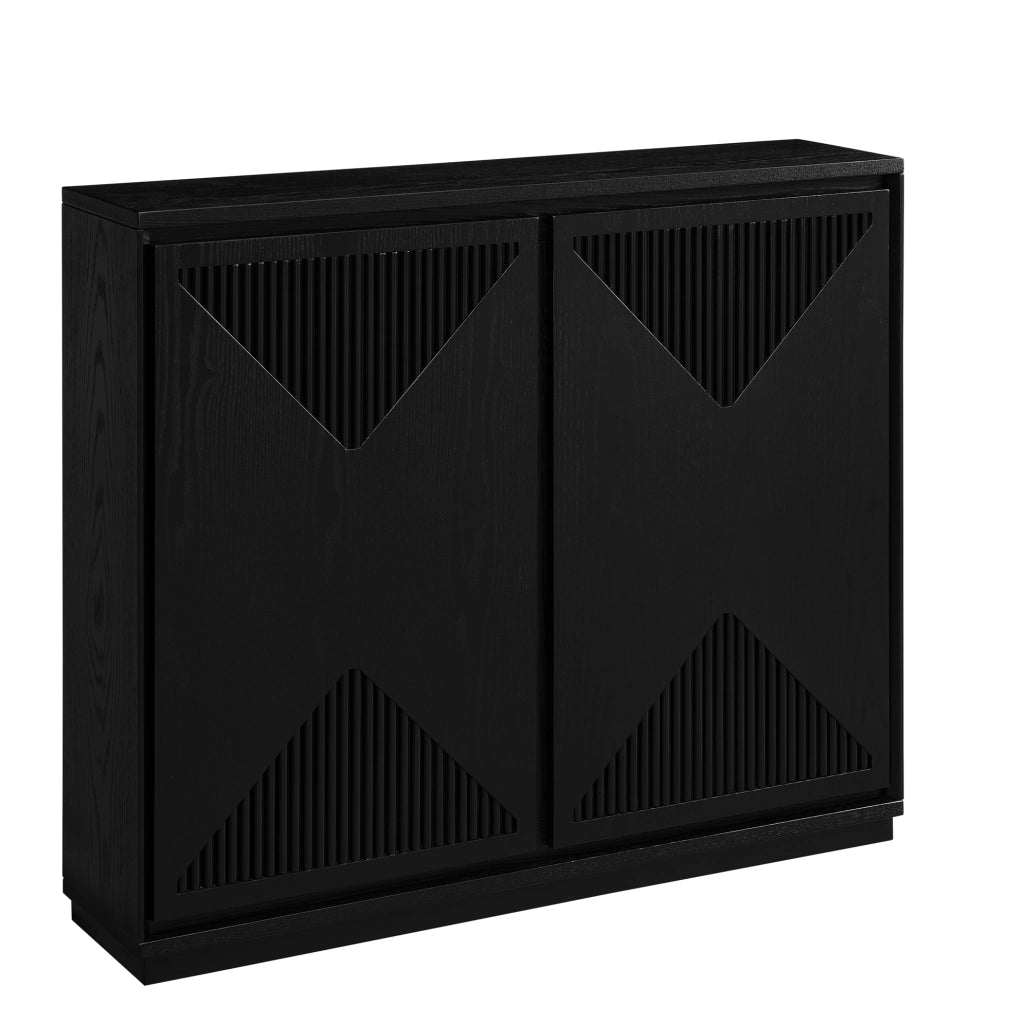 Credenza nera con ante scanalate a V e vano contenitore