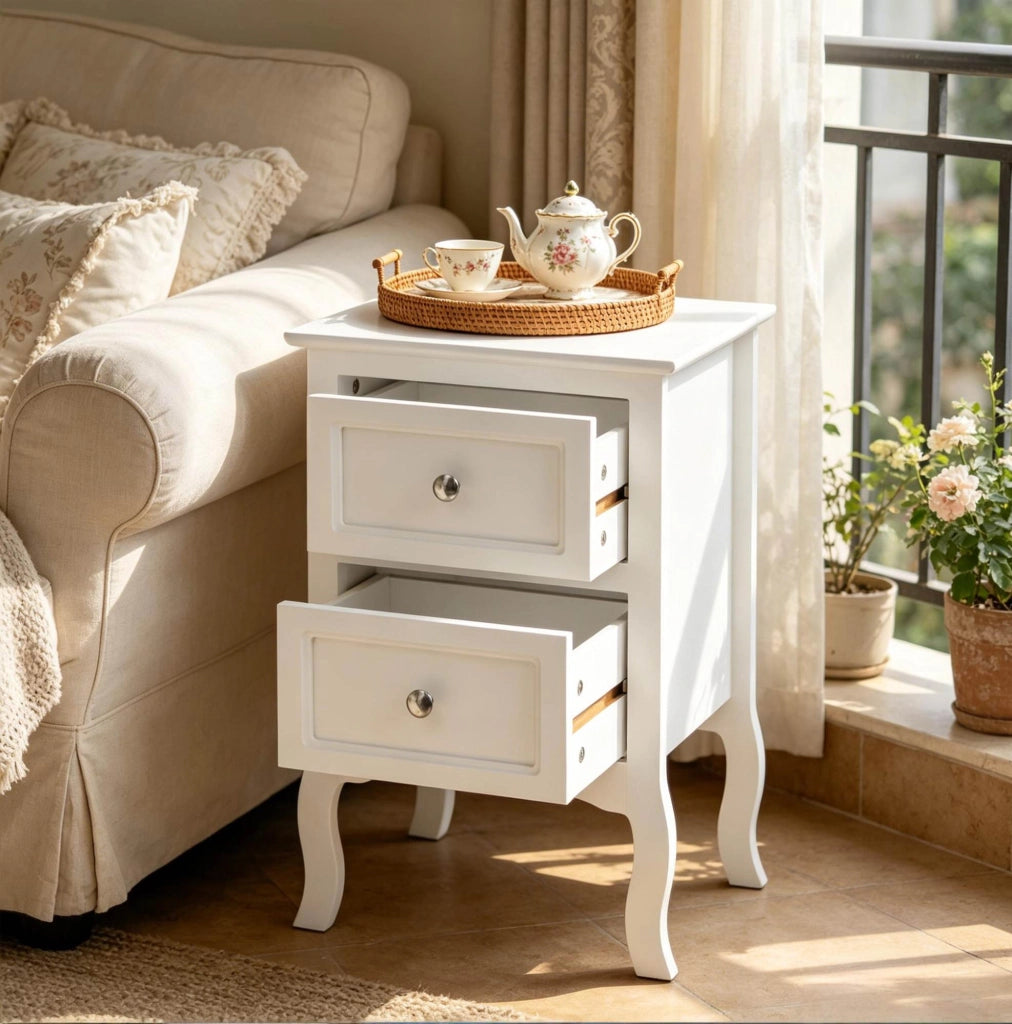 Comodino moderno in MDF bianco con 2 cassetti, 40x60x30 cm