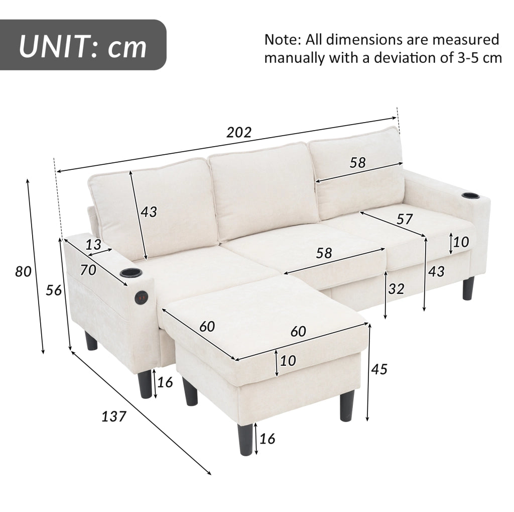 Divano angolare 3 posti 202x137x80 cm con pouf; USB/USB-C e portabevande; beige