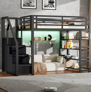 Letto a castello in metallo 140x200 con armadio integrato, ripiani, illuminazione LED e scala contenitore, nero