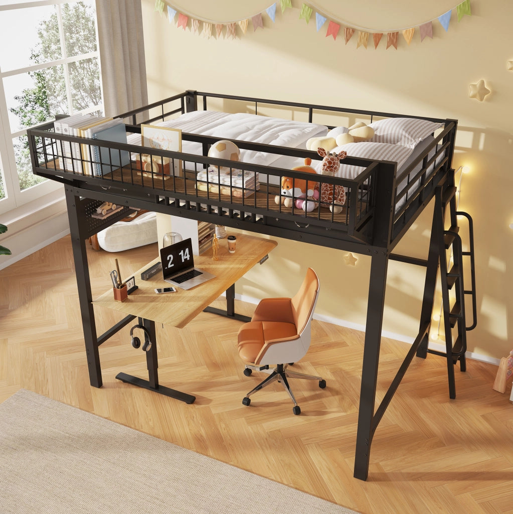 Letto a soppalco 140 x 200 cm in metallo nero con vani portaoggetti