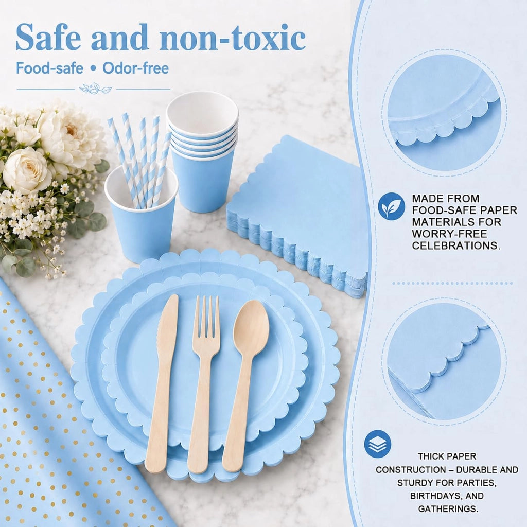 Set di stoviglie usa e getta per 16 persone, colore azzurro chiaro, 129 pezzi, in carta