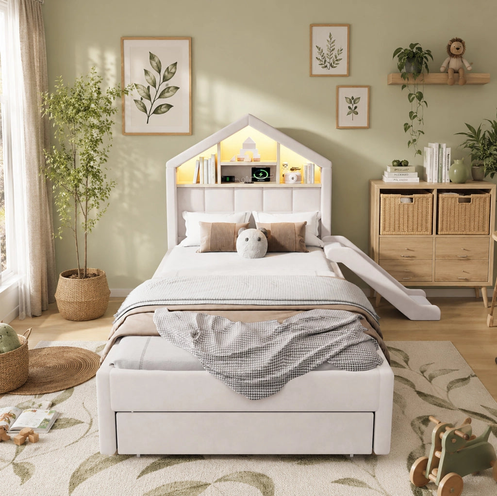 Letto per bambini imbottito beige 90 x 200 cm con scivolo e contenitore
