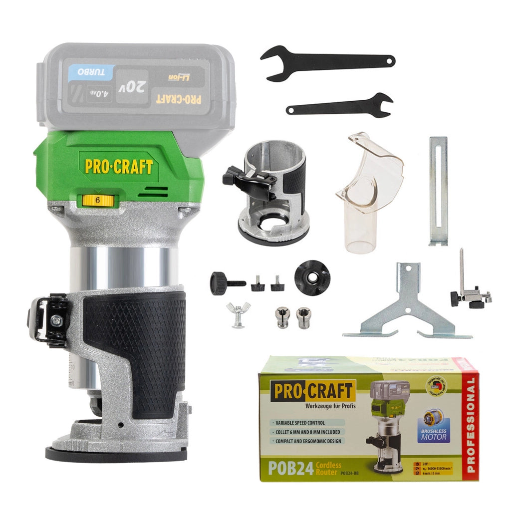 Fresatrice verticale a batteria Procraft POB24, 16.000–35.000 giri/min, pinze 6/8 mm, senza batteria