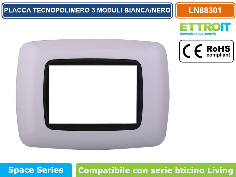ETTROIT PLACCA IN TECNOPOLIMERO DI COLORE BIANCA CON BORDO NERO COMPATIBILE CON SERIE BTICINO LIVING - Numero Moduli:3 Moduli