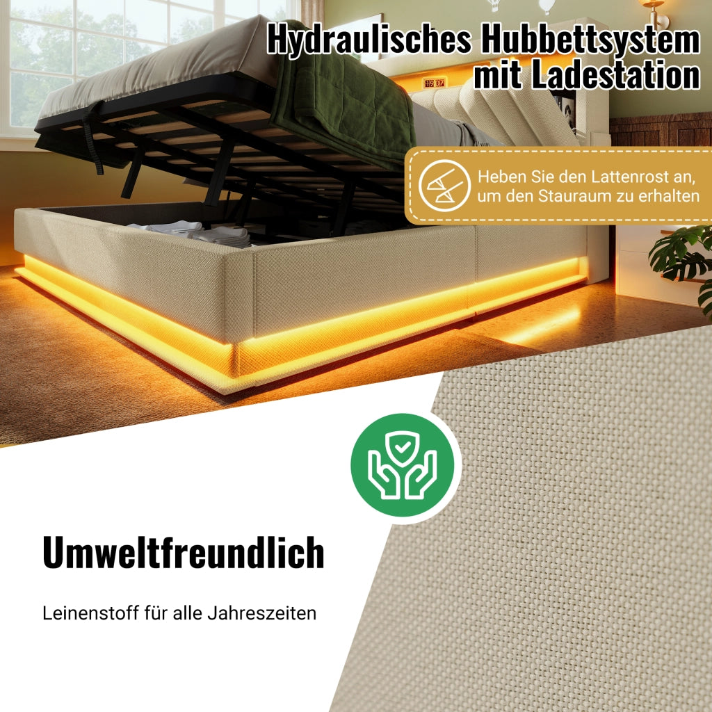 Letto matrimoniale contenitore 140 × 200 cm in lino beige con LED USB e Type C testiera con ripiani