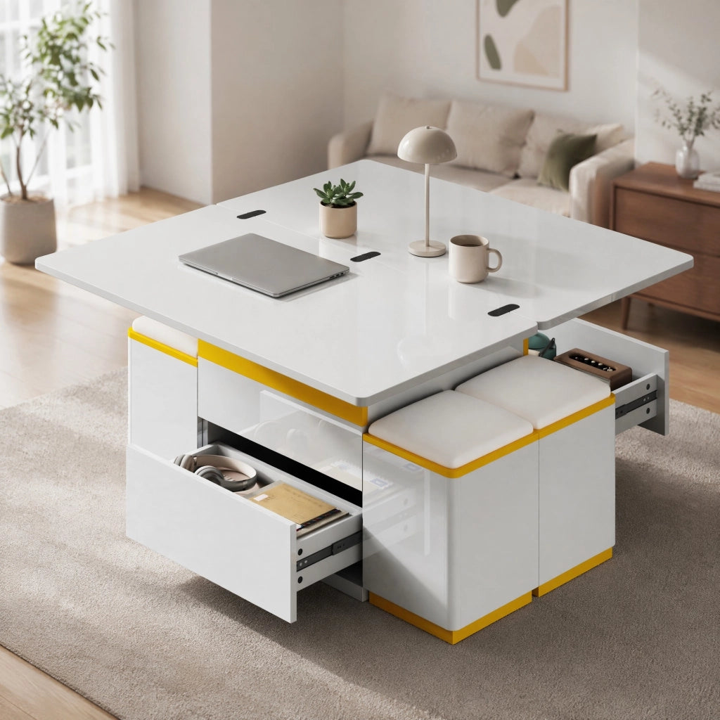 Tavolino elevabile 100x50x43 cm in MDF e PB bianco e giallo con vani