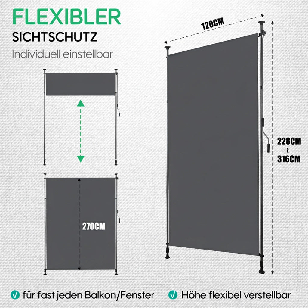 Tenda verticale da esterno grigio scuro con manovella, altezza regolabile