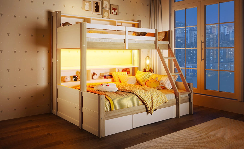 Letto a castello in legno massello 90x200 cm + 140x200 cm con scale, sponde, cassetto e luci LED, bianco e naturale, senza materasso