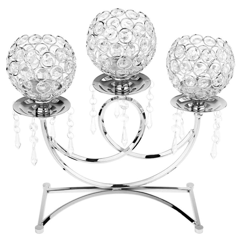 Candeliere a tre bracci, in cristallo e metallo, altezza 36 cm, color argento, per candele votive