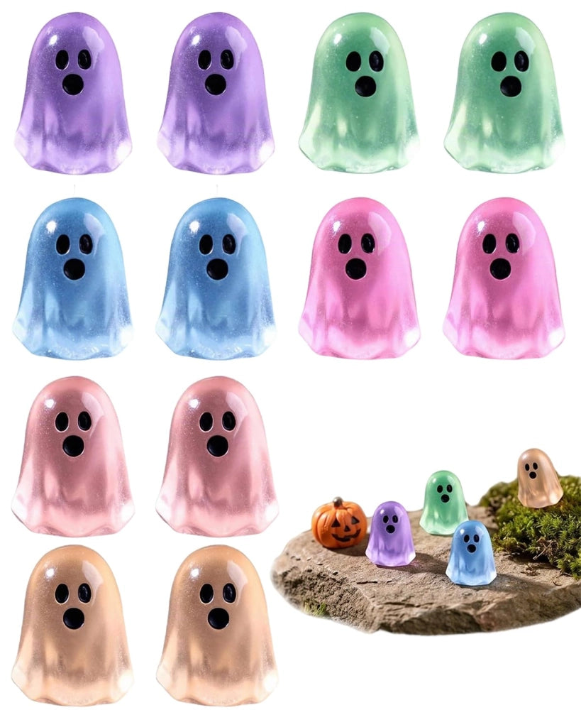 Mini fantasmi di Halloween, 12 pezzi, luminosi, dimensioni 2x1,6 cm, realizzati in resina