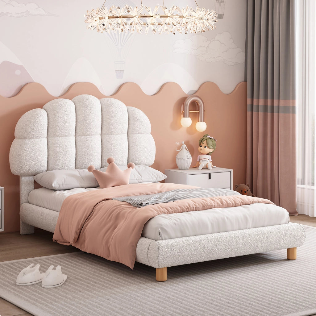 Letto singolo imbottito 90 × 200 cm in bouclé bianco con testiera regolabile e rete a doghe