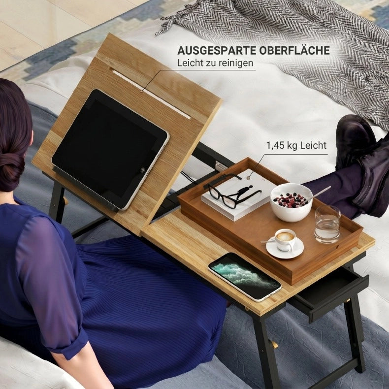 Tavolino pieghevole per laptop regolabile con cassetto, colore rovere