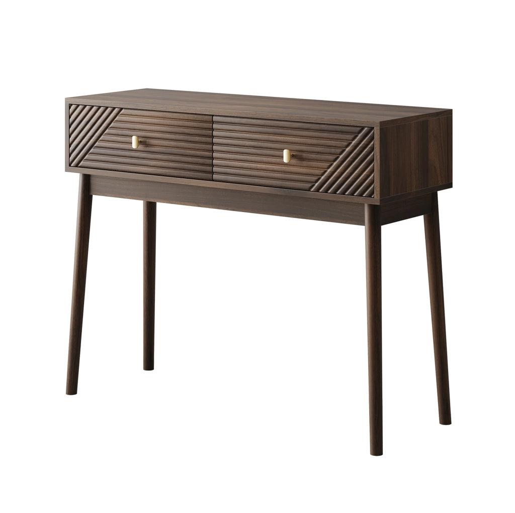 Consolle color noce con due cassetti e gambe in pino