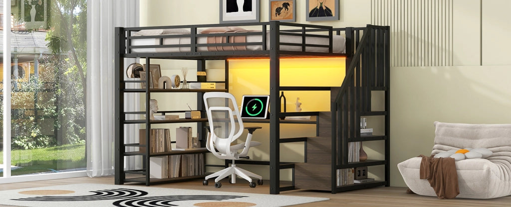 Letto a soppalco in metallo 140x200 cm con scrivania integrata, scala contenitore, luce LED e porta USB, nero