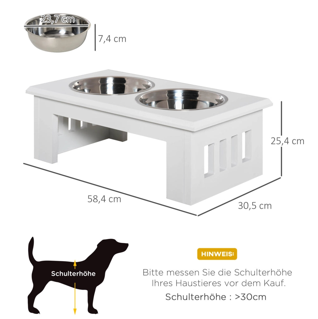 Ciotola rialzata per cane 58,4x30,5x25,4 cm MDF bianco con 2 ciotole inox