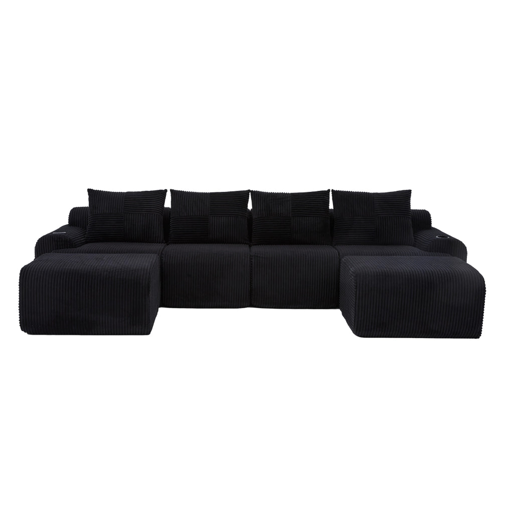 Divano modulare 4 posti 333x174x80 cm con moduli componibili, portabicchieri e tasca laterale in tessuto a coste nero, moderno