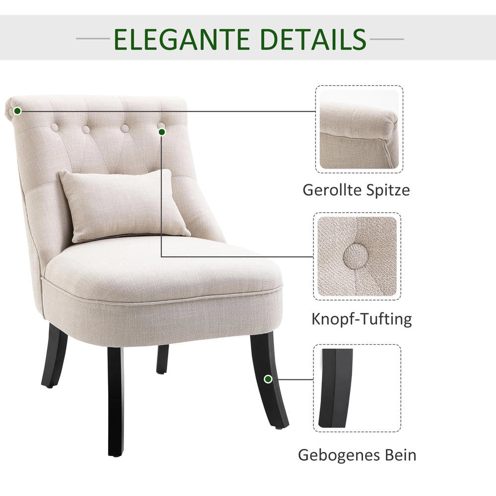 Poltrona Imbottita con Cuscino Schienale Sedia Vintage in Tessuto Effetto Lino per Soggiorno Bianco Crema 52,5 x 69 x 77 cm