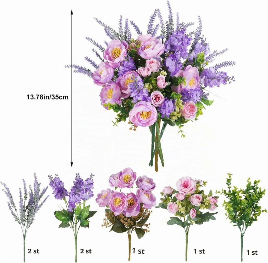 Composizione floreale artificiale in seta, color viola, alta 35 cm, con rose e peonie