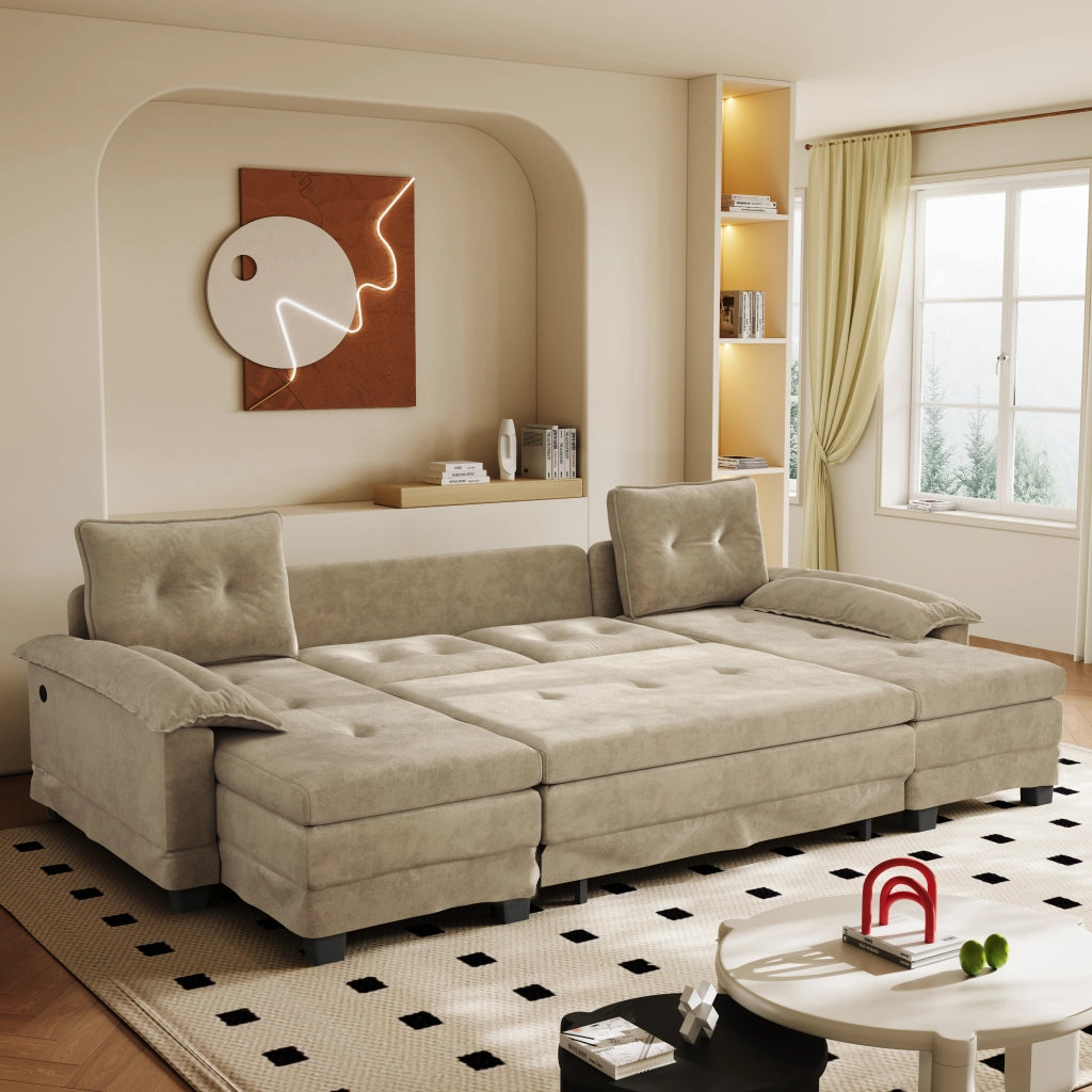 Divano letto panoramico a U modulare in chenille color cammello con letto estraibile; USB e 4 cuscini schienale