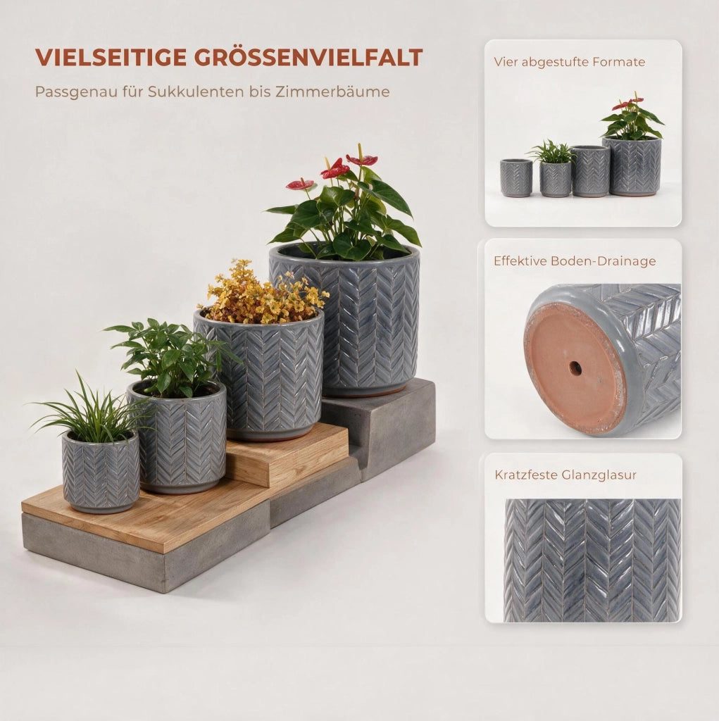 Set di 4 vasi per piante IVMEU in ceramica grigio cenere, ? 38/31,5/24,5/20 cm, con rilievo a spina di pesce