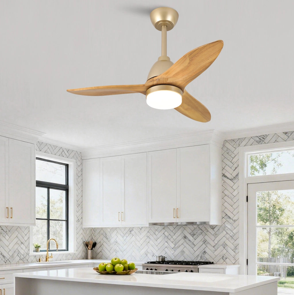 Ventilatore da soffitto 36 pollici con LED dimmerabile; 3 pale in legno massello d'acero; rovere dorato