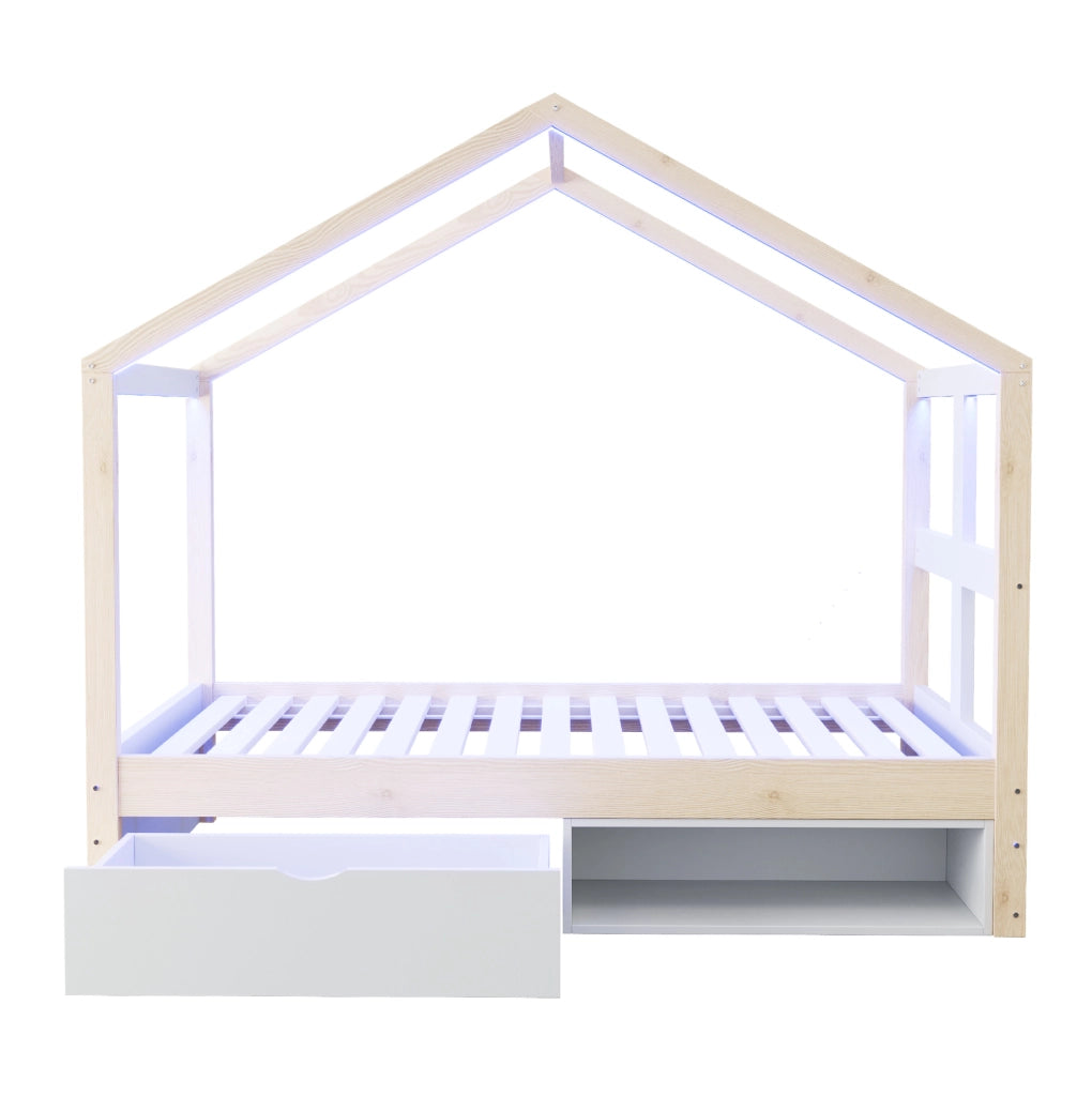Letto singolo a casetta 90x190 cm con cassetto; LED multicolore e scarpiera