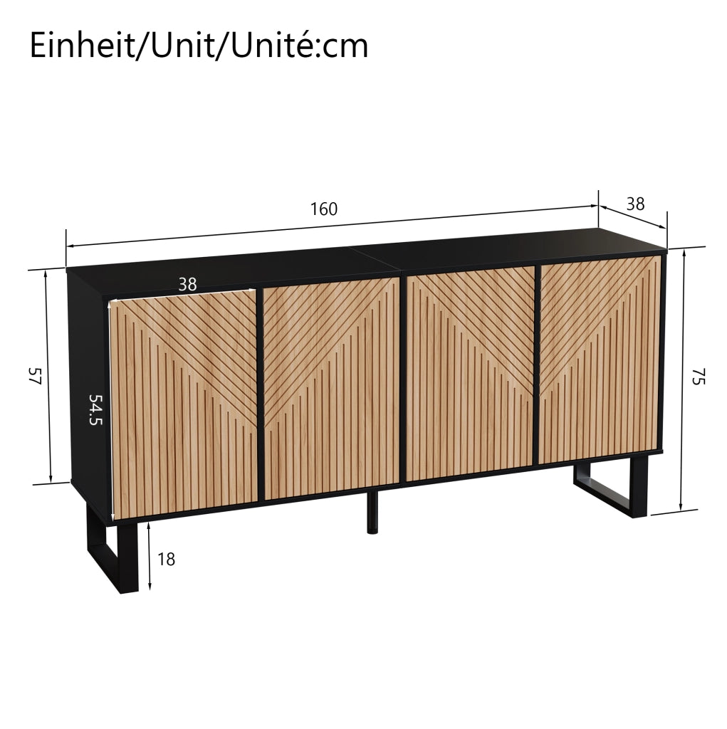 Mobile TV 160x38x75 cm in PB e MDF nero e naturale con ampio spazio contenitore