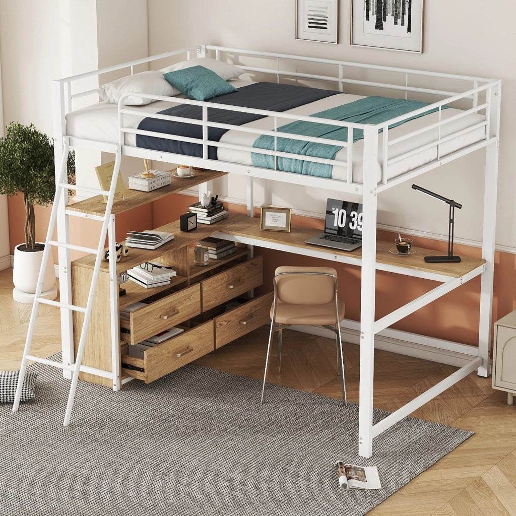 Letto a soppalco 140 × 200 cm con scrivania a L cassetti struttura in metallo e MDF bianco