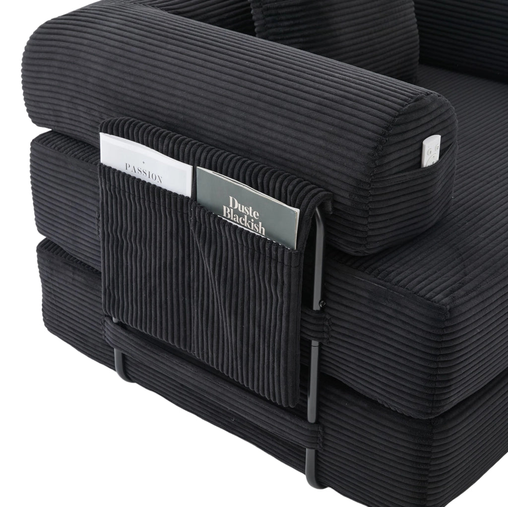 Divano modulare 200x190x67 cm con pouf e tasca laterale, rivestimento in velluto a coste nero