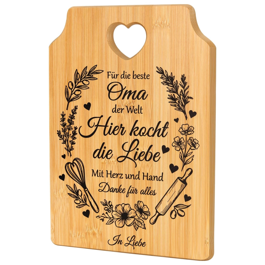 Tagliere in bambù con incisione, dimensioni 31x21x1,2 cm, con ciondolo a forma di cuore