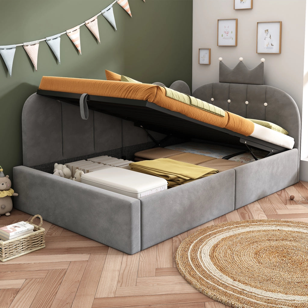 Letto contenitore 90 × 200 cm a L imbottito in velluto grigio con rete a doghe e testiera con corona