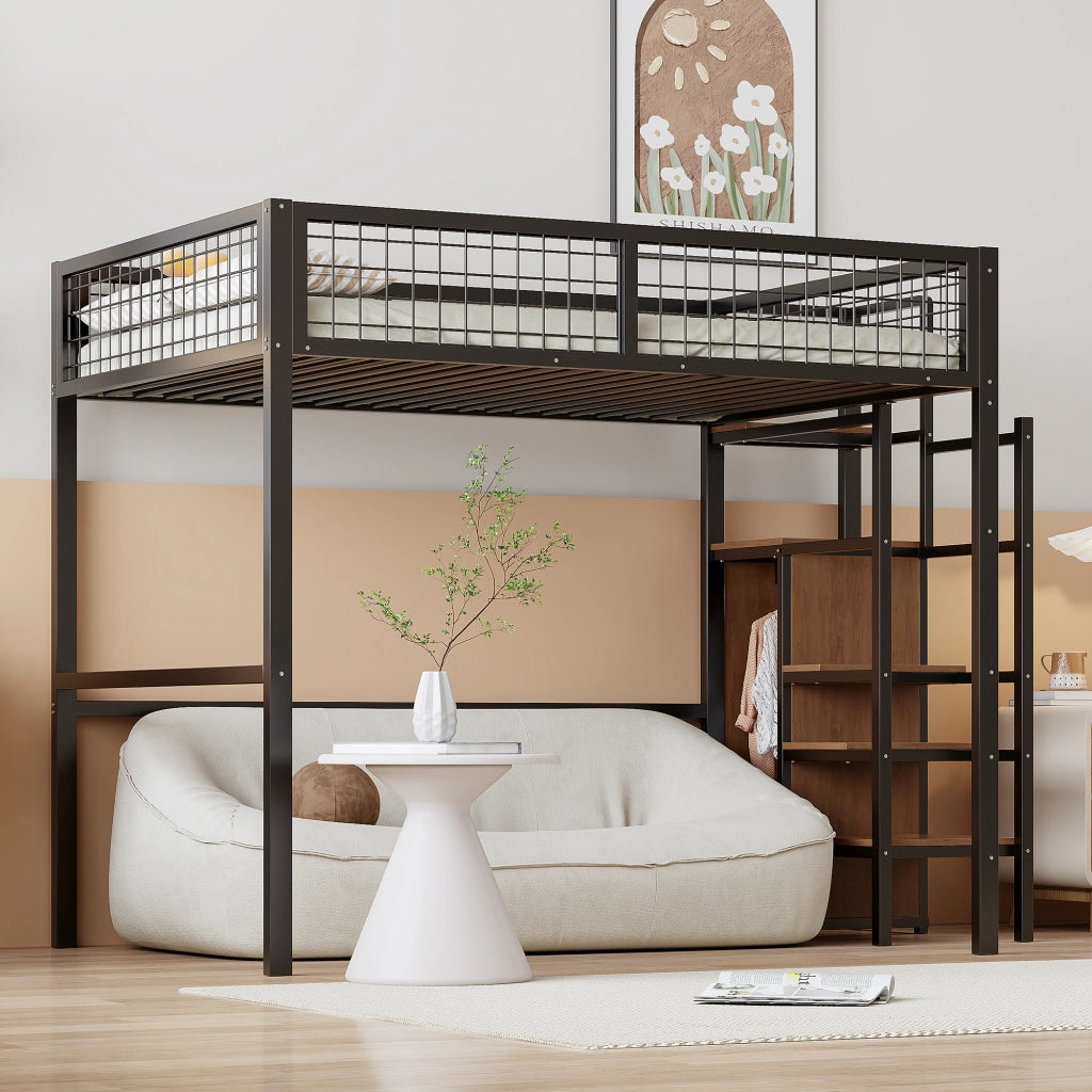 Letto a soppalco 140 × 200 cm con scala armadio e rete a doghe in metallo nero