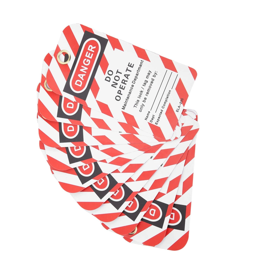 Etichette di sicurezza per lockout-tagout, 10 pezzi, PVC, 10x5 cm, rosse, per industria e chimica