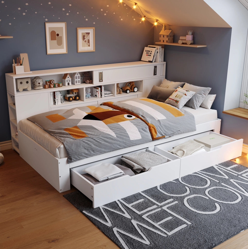 Letto singolo multifunzione 90 × 190 cm con 2 cassetti e armadietti; MDF bianco