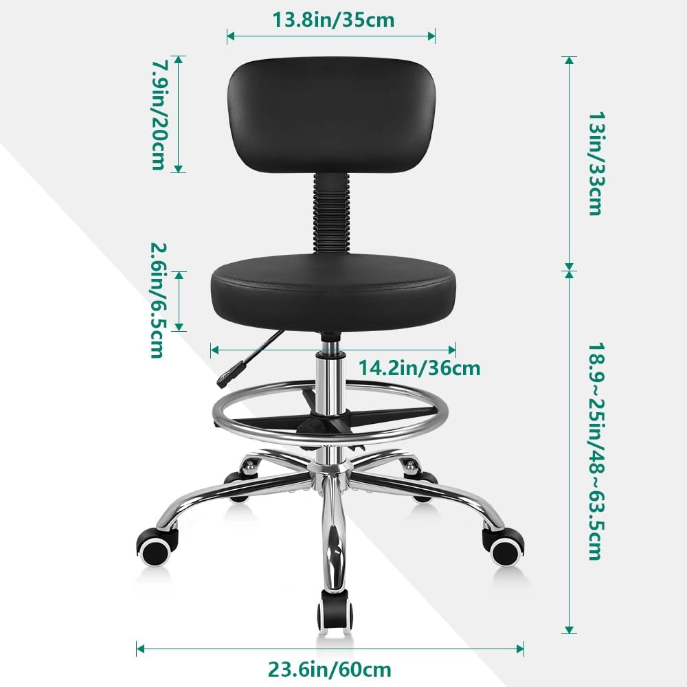 Sgabello da appoggio nero con schienale, regolabile in altezza, con ruote, poggi piedi, cuscino spesso, sedia da ufficio per negozio, salone, bar, cucina, studio, casa