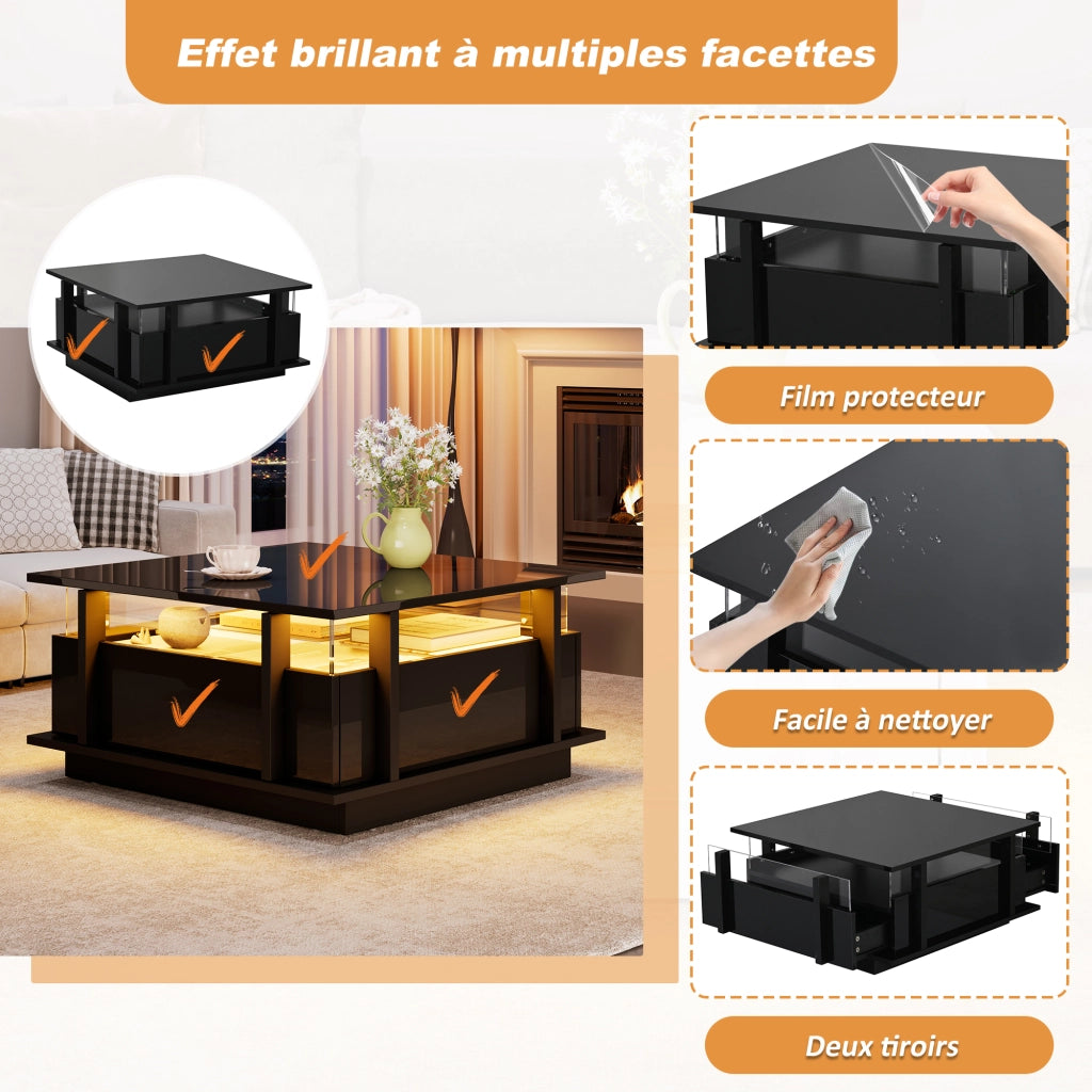 Tavolino da caffè con 2 cassetti e LED, in truciolare, 70×70×35 cm, nero