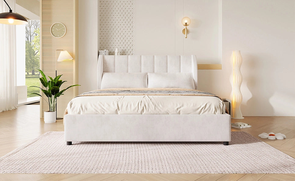 Letto a piattaforma imbottito 140x200 cm in velluto francese beige con rete a doghe