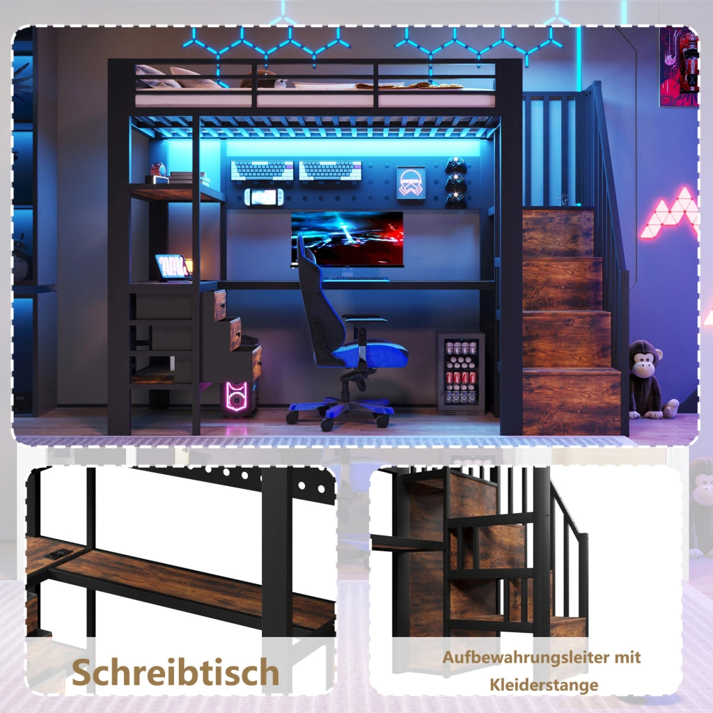 Letto a soppalco 90 × 200 cm con scrivania; 3 cassetti; presa e LED dimmerabile; MDF e metallo nero