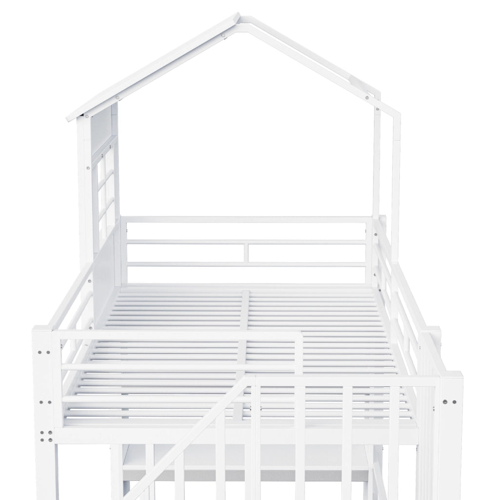 Letti a soppalco per bambini 90x200 cm; con scala contenitore reversibile e scaffale; in MDF e metallo; bianco; senza materasso
