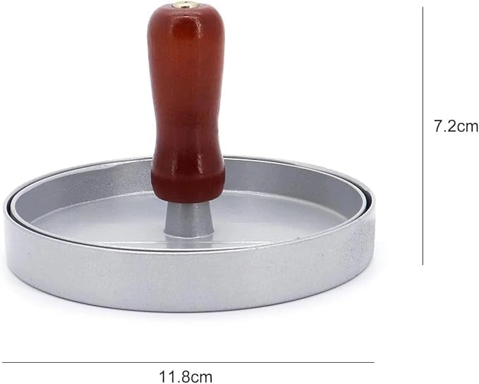 Pressa per hamburger, in alluminio, diametro 12 cm, con manico in legno