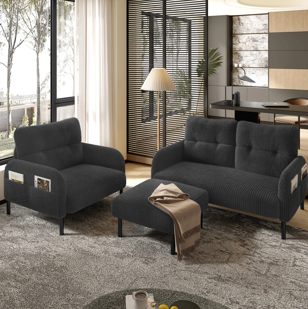 Set divano 2 posti, poltrona e pouf 120x75x79 cm grigio in velluto a coste modulare