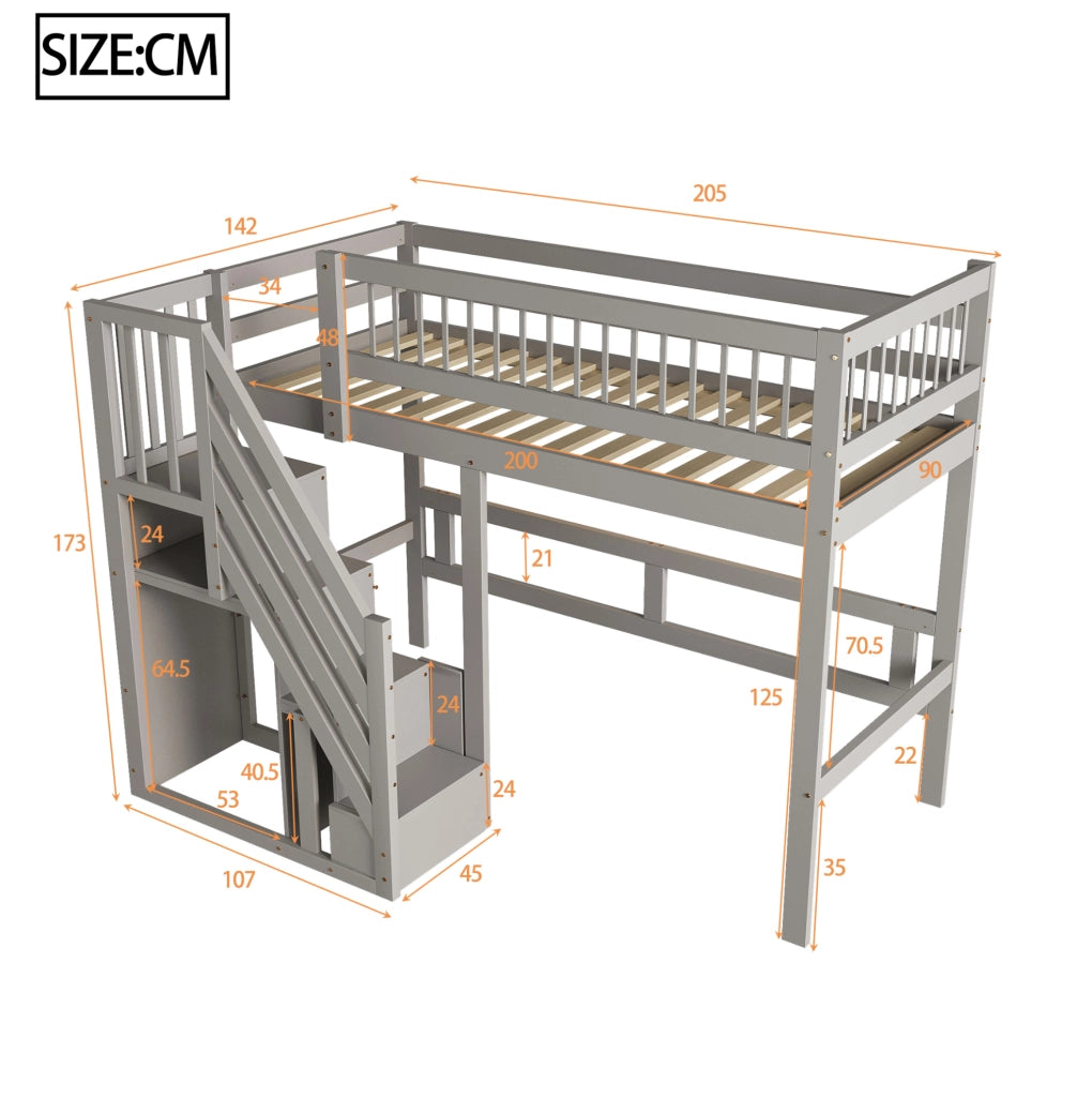 Letti a soppalco per bambini 90x200 cm con scala, armadio e rete a doghe in pino bianco e grigio, senza materasso