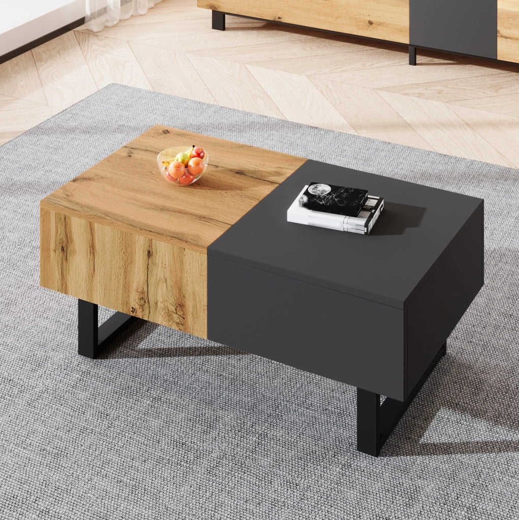 Tavolino da caffè scorrevole moderno con vani portaoggetti nascosti, struttura in pannello truciolare e metallo, stile legno chiaro per soggiorno e ufficio