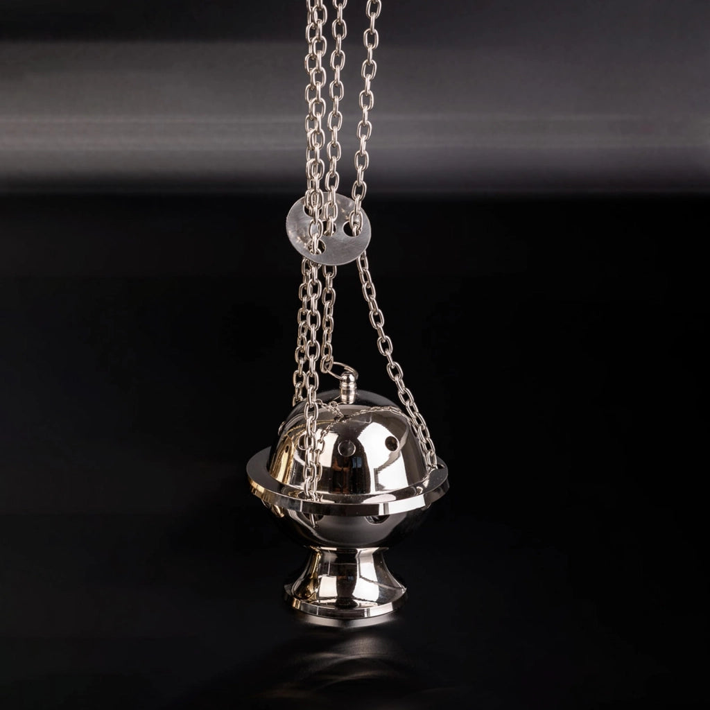 Bruciatore per incenso, cromato, in ottone, 11 cm, con catena di 60 cm
