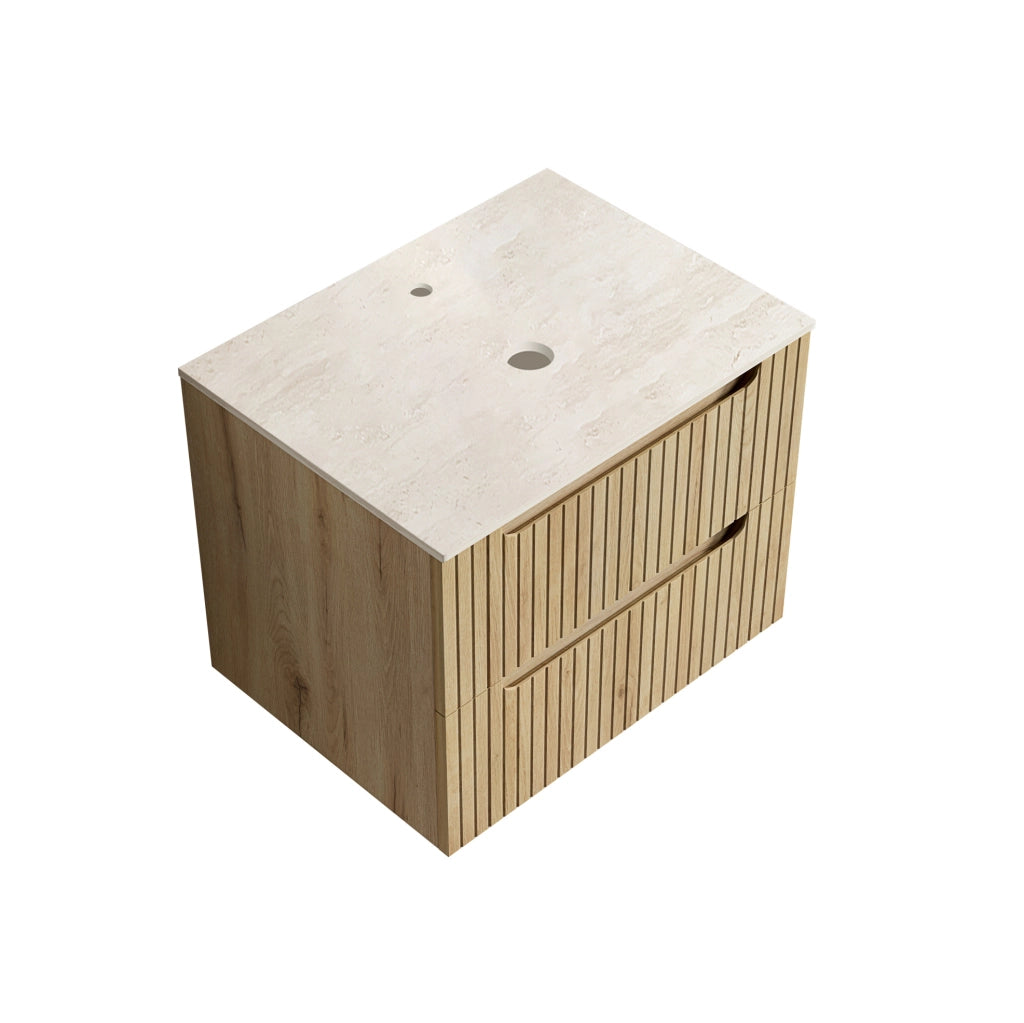 Mobile bagno moderno in compensato con piano in pietra sinterizzata; rovere chiaro