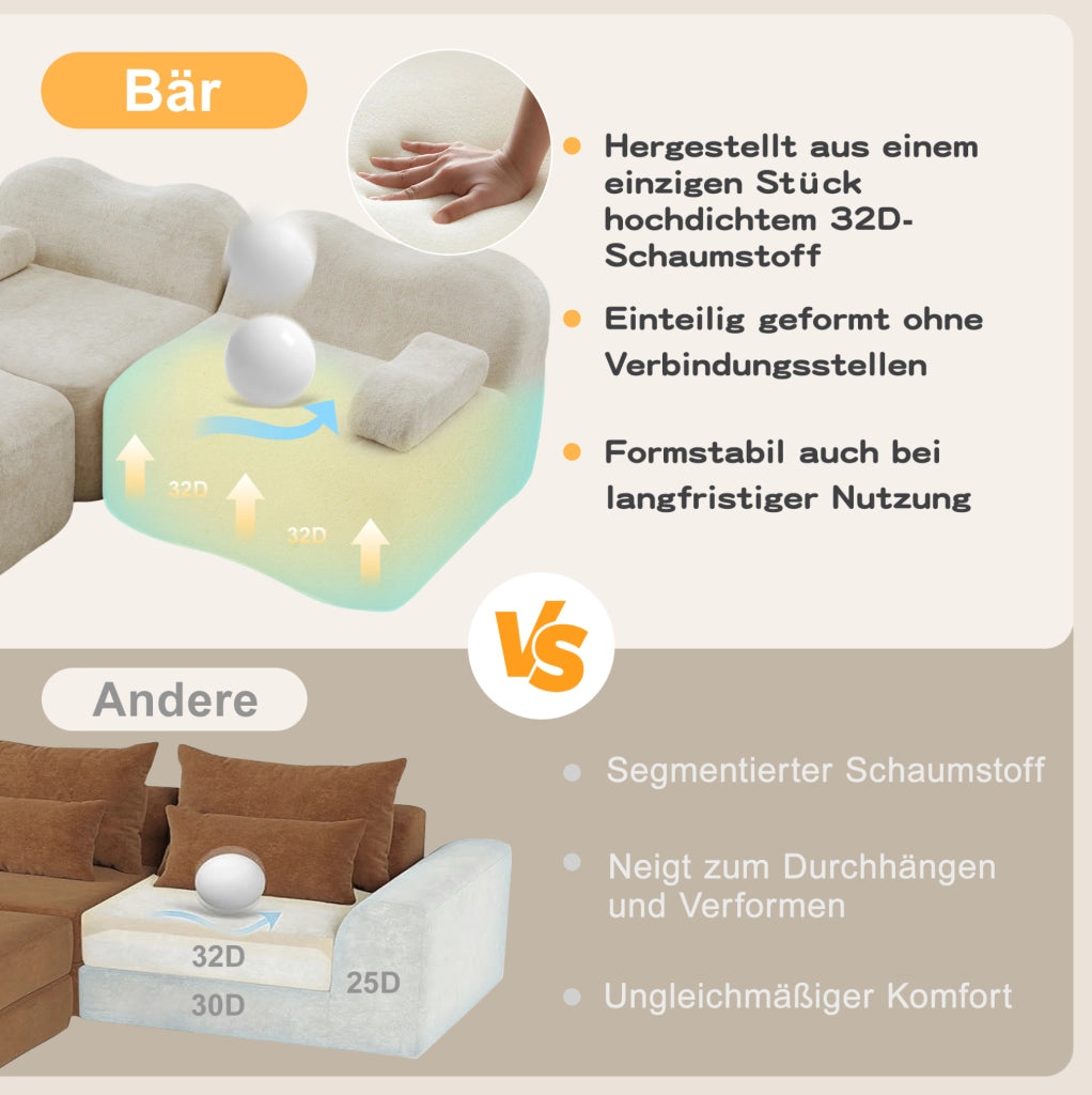 DIVANO Modulare Angolare in Velluto Beige con Pouf